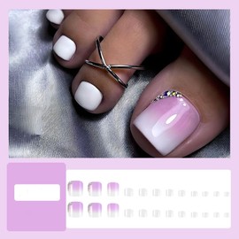 24 Pcs Purple Ombre Press on Toe Nails Short Square - ZIFANHU Spring FakeToenails Press ons Acrylic Nail Kit with Rhinestone Glitter Design Full Cover FalseToe Nails Glue on Nails for Women