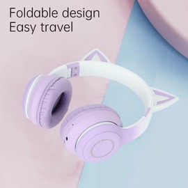 Cat Ear Bluetooth Headphones with Micphone, LED Light Up Foldable Over Ear Headsets, Stereo Sound Gaming Headphone for PC Laptop Smartphone Tablet (Purple)