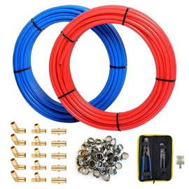 HeSun 1/2" PEX-B Pipe, 2x100FT PEX Tubing with 1/2" 15PCs Brass Fittings and 50PCs Clamp Rings, Tool, Cutter, 200 Feet in Red & Blue