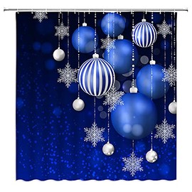BSTDSYSY Merry Christmas Shower Curtain Blue Christmas Balls Snowflake Winter Holiday Fantasy Background Happy New Year Dream Xmas Ball Fabric Bathroom Decor Set with Hooks(70" WX70 H)