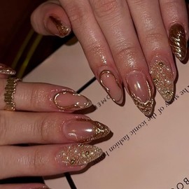 Glitter Gold Press on Nails Almond Medium Fake Nails with 3D Diamond Pearl Designs Chrome Gold Acrylic Nails Press ons Sparkly Full Cover Stick on Nails Artificial French False Nails for Women 24Pcs