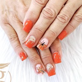 24Pcs Fall Press On Nails Short Square Fake Nails With Red Brown Maple Leaf Pumpkin Design Cute Thanksgiving Elements Press On Leaves Gold Glitter Nails Glossy Autumn Stick On Nails for Women