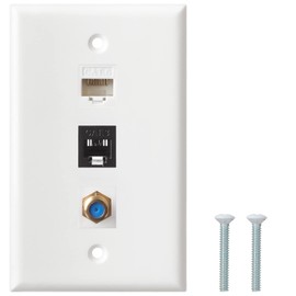 Ethernet Phone Coax Wall Plate, 1 Port Cat6 Keystone, 1 Port RJ11/RJ12 Cat3 Keystone and Coax F Type Connector Wall Plate