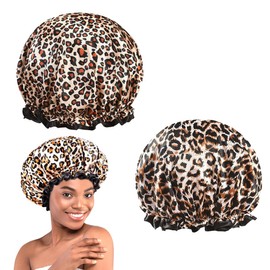 Shower Cap for Women, Pack of 2 Leopard Shower Caps, Waterproof Reusable Shower Cap, Shower Cap for Women, Non-Slip Shower Cap with Leopard in One Size