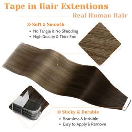S-noilite 20 Inch Tape in Extensions Human Hair #2T6P18 Dark Brown to Chestnut Brown and Dirty Blonde Balayage Seamless Straight Tape in Human Hair Skin Weft 20pcs 50g/pack