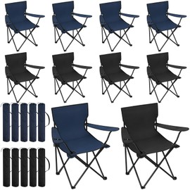 Huwena 10 Pack Folding Camping Chairs Bulk with Cupholder Carry Bags Lightweight Camp Chairs Collapsible Portable Outdoor Lawn Chair for Picnic, Beach, Outside(Black, Blue)