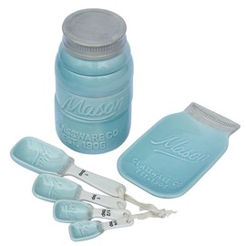 Vintage Mason Jar Kitchenware Set by Comfify - Multi-Piece Kitchen Ceramic Décor Set w/ 4 Measuring Cups, 4 Measuring Spoons and Spoon Rest - Attractive Vintage Style, in Aqua Blue Embossed Ceramic