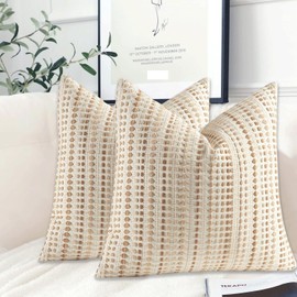 Habodd Set of 2 Boho Cushion Covers, 45 x 45 cm, Cotton Linen Cushion Cover, Brown Beige, Sofa Cushion, Polka Dot, Striped, Textured Netural Decorative Cushion Covers for Sofa, Living Room, Bedroom