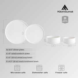 Porcelain Dinnerware Set - KilomSumat 24 Piece Plates and Bowls Sets for 6, Modern Ceramic Dining Dishware, Chip and Scratch Resistant Dish Set, Microwave & Dishwasher Safe, White