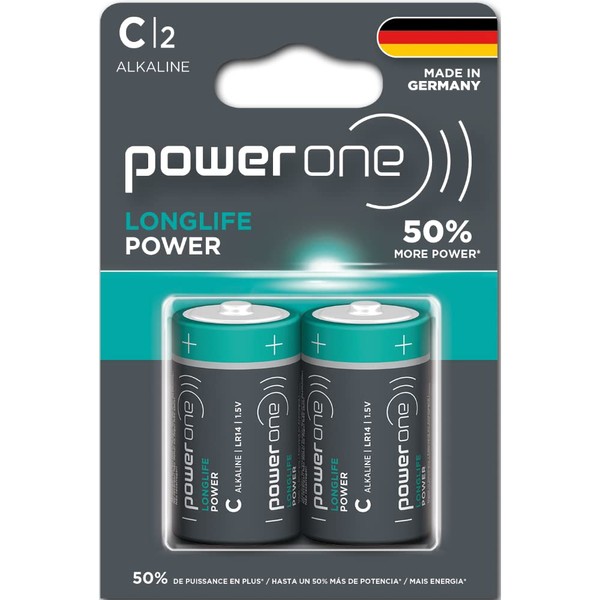 Power One Longlife Power C Batería | Pilas alcalinas de largo rendimiento fabricadas en Alemania con hasta 10 años de vida útil – Paquete de 2
