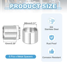 PATIKIL 6 Pcs Stainless Steel Spacers, 8mm ID x 10mm OD x 10mm Height 304 Stainless Steel Bushing Screw Standoff Unthreaded Round Spacer for 5/16" M8 Screws Bolts Nuts