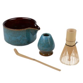 4 Pcs Complete Matcha Tea Ceremony Kit Japanese Tea Ceremony Matcha Set Whisk,Bowl with Pouring Spout,Whisk Holder,Tea Scoop for Making Usucha Koicha and Matcha Latte,Sapphire