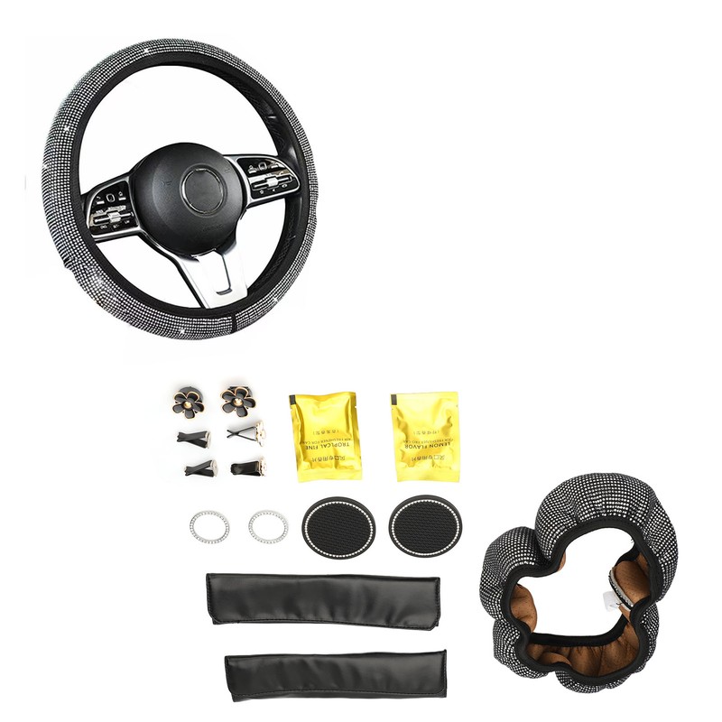 Bling Car Accessories Set Rhinestone Steering Wheel Cover Coaster Starter