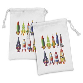 Lunarable Outer Space Fabric Pouch Set of 2, Colorful Space Crafts with Variety of Shapes and Sizes Rockets Space Culture, Small Drawstring Bag for Toiletries Masks and Favors, 9" x 6", Multicolor