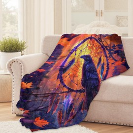 Raven Dreamcatcher Throw Blanket for Girls Boys Kids Adults, 50x60 in, Cozy Flannel Blanket for Bedroom, Camping, Couch, Room Decor, Fuzzy Warm Soft Gifts