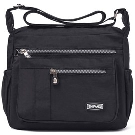 SHIFANQI Crossbody Bag for Women, Multi Pockets Waterproof Nylon Shoulder Handbag, Fashion Travel Crossbody Purse, Lightweight Purse for Women (Black)