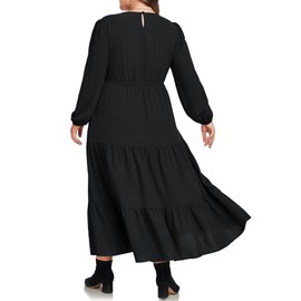 Hanna Nikole Women Plus Size Casual Dress Smocked Elastic Fall Long Sleeve Aline Flowy Maxi Tiered Black Dresses Pockets 4X