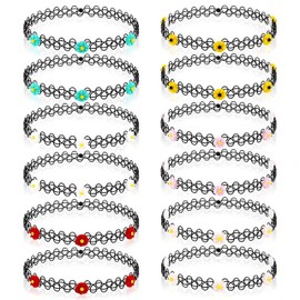 12PC 90s Tattoo Choker Necklace Set with Colorful Daisy Charms, Flower Floral Stretchy Elastic Vintage Y2K Fashion Jewelry, Cottagecore & Soft Girl Aesthetic Adjustable Retro Gothic Grunge Aesthetic Accessories for Women