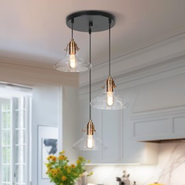 KSANA 3-Light Cluster Pendant Lighting, Modern Black Gold Chandelier with Seeded Glass Shade, Brass Adjustable Stairwell Lighting for Kitchen Island, Dining Room, Foyer and Staircase