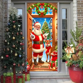 Christmas Door Cover Merry Christmas Door Decorations Cute Santa Claus Reindeer Door Cover Winter Xmas Backdrop Door Cover Party Outdoor Indoor Home Christmas Decorations 35 x 71 In