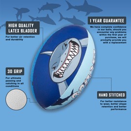 Ram Rugby Shark Squad Trainer Rugby Ball & Mini Pump - Available in Size 5, 4, 3, & 1 (Mini) - For Kids & Adults - 7 Crazy Fun Designs - Club Quality Training Rugby Ball – Great