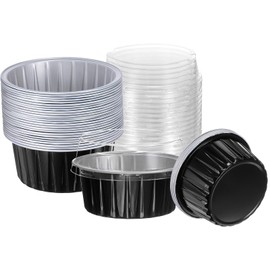 HARFINGTON 50Pcs Baking Cups with Lids 5oz Aluminum Foil Liners Mini Disposable Containers Cups Holder Cases Boxes Pans for Dessert Wedding Party, Black