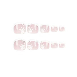 Square Press on Toenails Short White French Tip Press on Toe Nail with White Rose Leaves Dsigns Lines Toenail Glue on Light Pink Fake Toe Nail Artificial Toenails Stickers for Women Girls 24Pcs