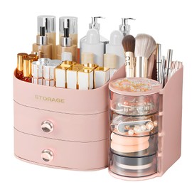 XIAPIA Makeup Organizer Countertop, Make Up Organizer for Vanity, Skincare & Cosmetic Organizers with Drawers, Bathroom Organizers Storage for Brush Holder|Lipstick|Jewelry, Ideal Gift for Women PINK