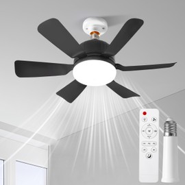 Socket Ceiling Fan Light with Remote and 1 Socket Extender, E27 Based Easy Install, Replacement for Indoor -Bedroom, Kitchen and Living Room, 3 Color Stepless Dimming (Black)