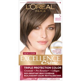 L'Oreal Paris Excellence Creme Permanent Triple Care Hair Color, 5 Medium Brown, Gray Coverage For Up to 8 Weeks, All Hair Types, Pack of 1
