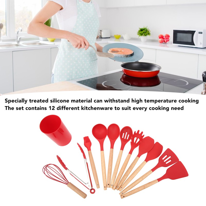 12 PCS Kitchen Cooking Utensils Set Ergonomic Wooden Handle Silicone