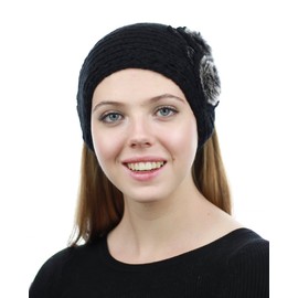 NYFASHION101 Hand Knitted Furry Flowers Winter Headband Headwrap, Black