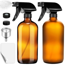 FLORL OCEAN 2 Pack Glass Spray Bottles 16 oz, Trigger Empty Spray Bottles Refillable with Funnel, Bottle cap, Labels for Cleaning Solutions, Plants, Essential Oils (2Pcs (Amber+Frosted amber))