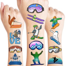 Winter Skiing Temporary Tattoos 10 Sheets 100 PCS Snowboard Party Decorations Favors Supplies Snow Theme Birthday Stickers Gifts for Boys Girls Kids Class School Prizes Carnival Christmas
