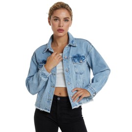 YUZIBAO 2025 Trendy Cropped Denim Jacket for Women - Lightweight Jean Shacket with Button Front, Oversized Fit, Long Sleeves, Pockets & Frayed Hem - Casual Summer Trucker Style（Light Blue，XL）