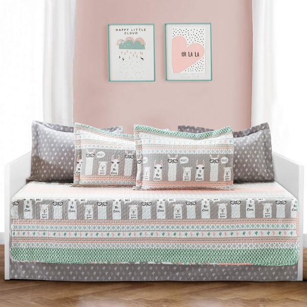 Lush Decor Pink-and-Turquoise Llama Striped 6-Piece Daybed Cover Bed Set