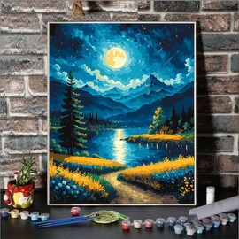 Moon Paint by Numbers Kit for Adults Beginner Forest Adult Paint by Number Kits On Canvas Adults Kits DIY Lake Flowers Oil Painting Kits for Gift Home Wall Decor 16x20 Inch