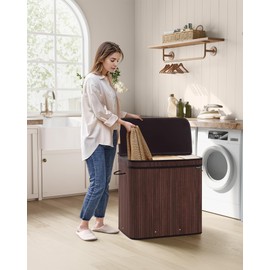 SONGMICS Laundry Hamper with Lid, Bamboo Laundry Basket, Removable Machine Washable Laundry Basket, with Handles, 39.6-Gallons, for Laundry Room, Bedroom, Bathroom, Chestnut Brown ULCB062K01