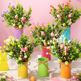 Riceshoot 6 Sets Easter Table Centerpiece Artificial Easter Stems with Metal Pots Easter Floral Picks Eucalyptus Easter Egg Stems Twig Branches Sprays with Berries for Spring Arrangement (Mixed Color)