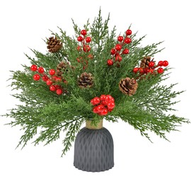 55PCS Christmas Artificial Pine Branches Set, Includes 45PCS 11.4" Fake Evergreen Branches with 5 Red Berries Stems & 5 Pinecones, Norfolk Pine Needles for Vase DIY Craft Floral Arrangement Xmas Decor