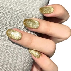 Cat Eye Press on Nails Handmade Short Oval/Square/Round False Nails with French Tip/Aurora/Magnetic Shimmer Designs (Glitter#Oval Golden, Small)