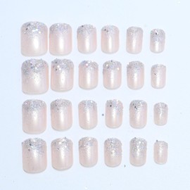 Valentines Press on Nails Short Square Fake Nails Glitter French False Nails with Silver Glitter Design Nude Pink Acrylic Nails Glossy Glue on Nails Full Cover Stick on Nails for Women 24 Pcs