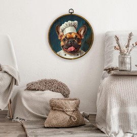 XPH Funny French Bulldog Chef Kitchen Round Wall Art Framed, Funny Dog Circle Wall Decor, French Bulldog Gifts for Women Hanging Canvas Prints for Kitchen Dining Room Home Decoration, 10x10 Inch