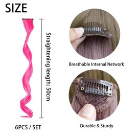 6Pcs Colored Clip in Hair Extensions, Rose Red & Rainbow Party Highlights, Curly Hair Tinsel Clip Accessories