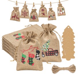 G2PLUS Pack of 24 Large Advent Calendar Jute Bags, 13 x 18 cm Christmas Jute Bags, Gifts Jute Bags with Tree Shaped Pendant, Christmas Jute Bags for Decoration Christmas Tree, Advent Calendar