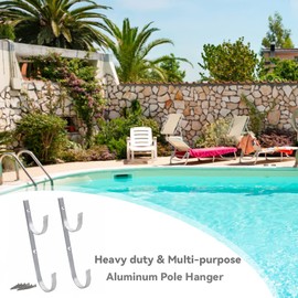 WWD POOL Swimming Pool Aluminum Pole Hanger Set, Blue, 1-Pack (2 Hooks), for Telescoping Poles, Leaf Rakes, Skimmers, Nets, Brushes, Vacuum Hoses (11079A-Silver)