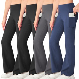 NORMOV Girl's Bootcut Yoga Pants with Pockets,High Waisted Casual Kids Bell Bottoms Pants (2Black/ Dark Grey/Navy/L)