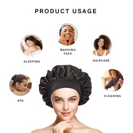 Willowbrie Satin Bonnet for Women Double Layered, Large Sleep Cap for Curly, Frizzy and Protective Hair Styles, with Adjustable Soft Elastic Head Band That Stays on Comfortably (Black)