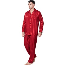 Mens Silk Satin Pajamas Set Sleepwear Loungewear Red L