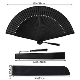 Wobe Hand Held Bamboo Silk Folding Fan, Chinese Japanese Handheld Fan with Tassel Wooden Charming Elegant Vintage Retro Style for Women Ladys Girls Dance Party Home Decorations (Black)